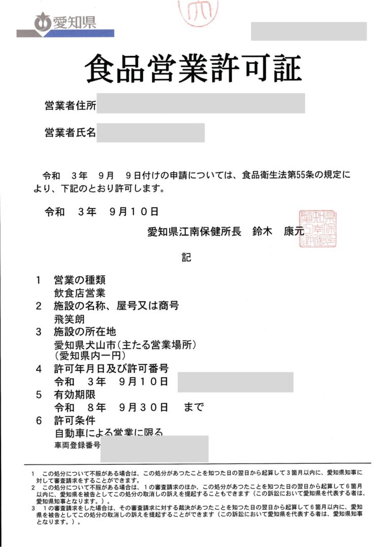 愛知県のキッチンカー食品営業許可証(個人情報はマスキング済み)